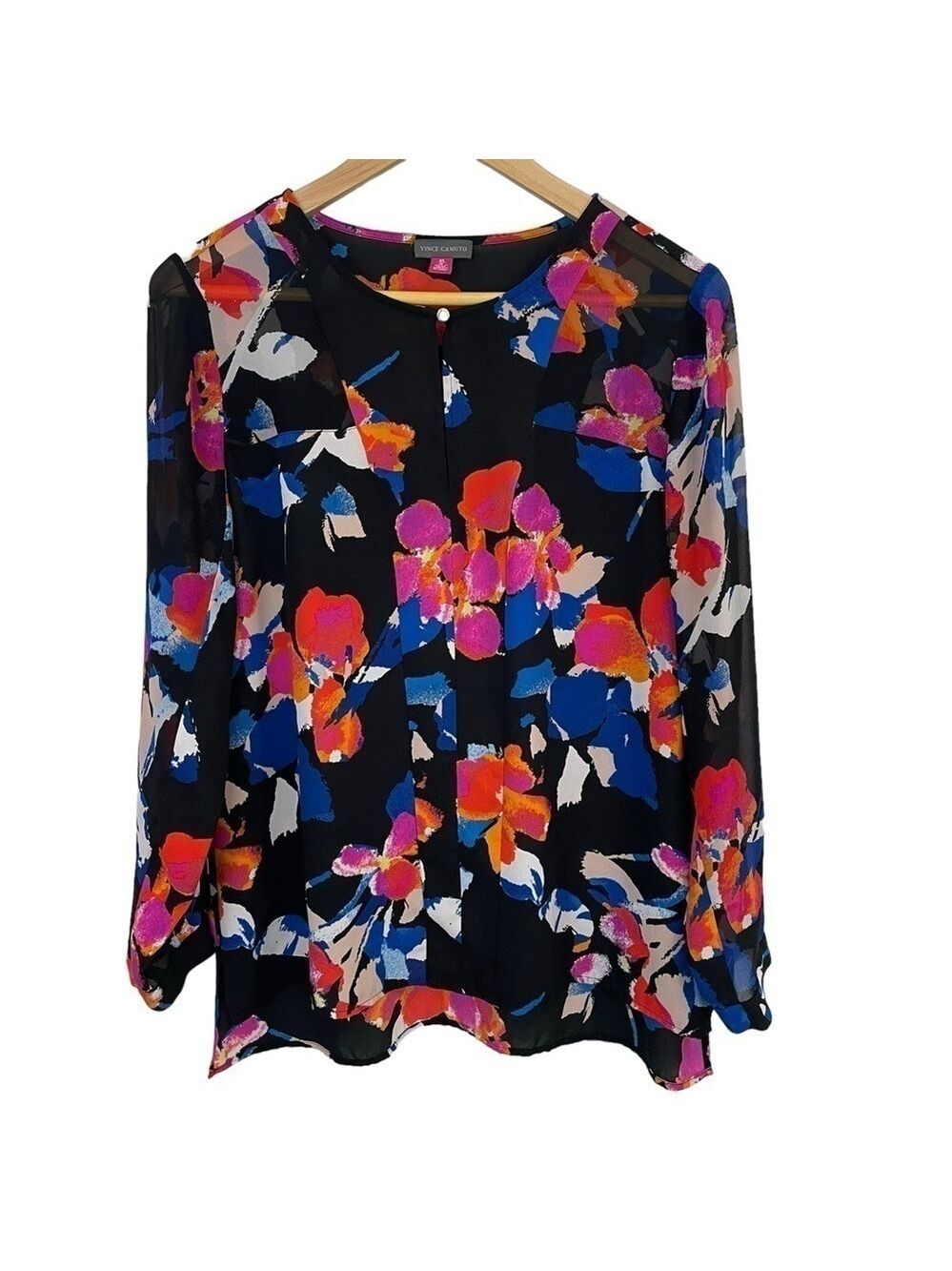 Vince Camuto Floral Chiffon Blouse Womens M Black Multicolour Vibrant Semi-Sheer